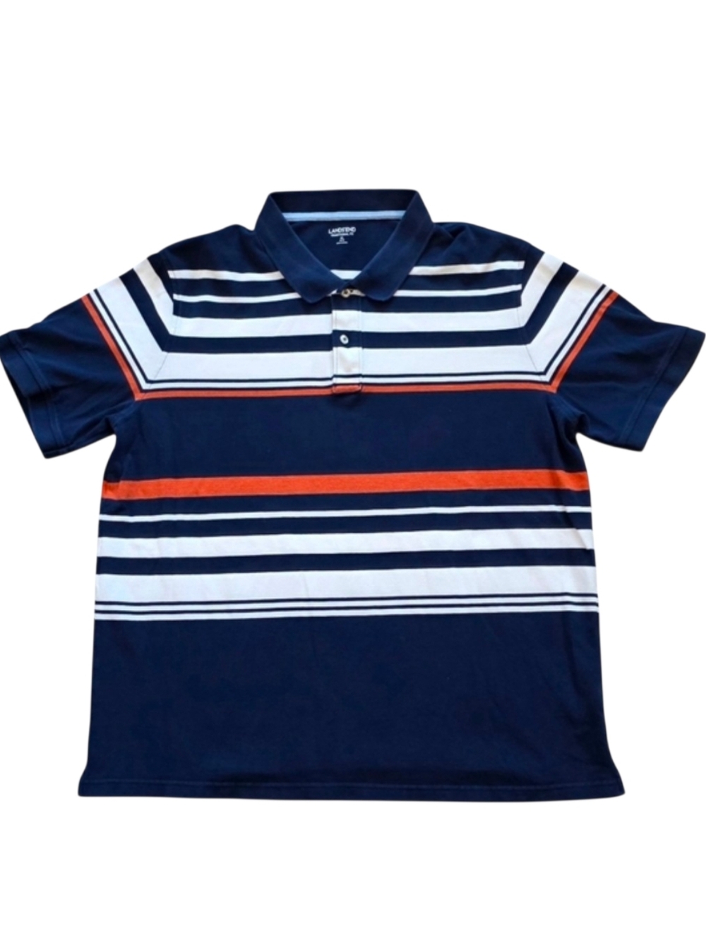 Lands End XL Navy Blue Orange Striped Polo Shirt Cotton Classic Extra Large